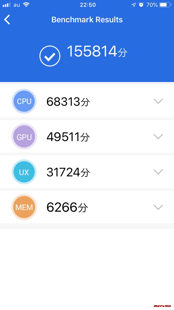 iPhone 6s（iOS 12.4）実機AnTuTuベンチマークスコアは総合が155761点、3D性能が49597点。