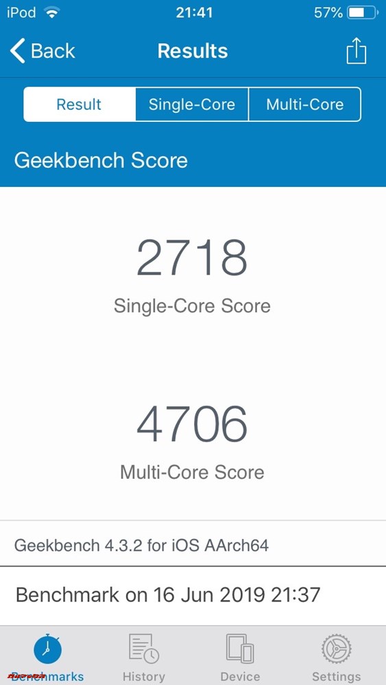 iPod touch（第7世代）の実機Geekbench 4スコアはシングルコアが2718点、マルチコアは4706点