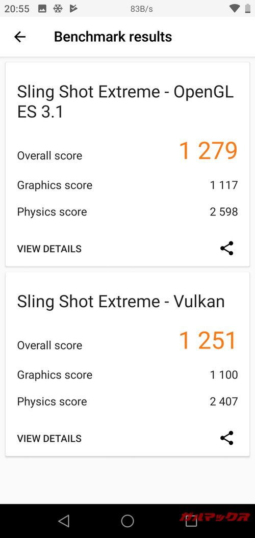 3DMarkはOpen GL ES 3.1が1279点、Vulkanが1251点