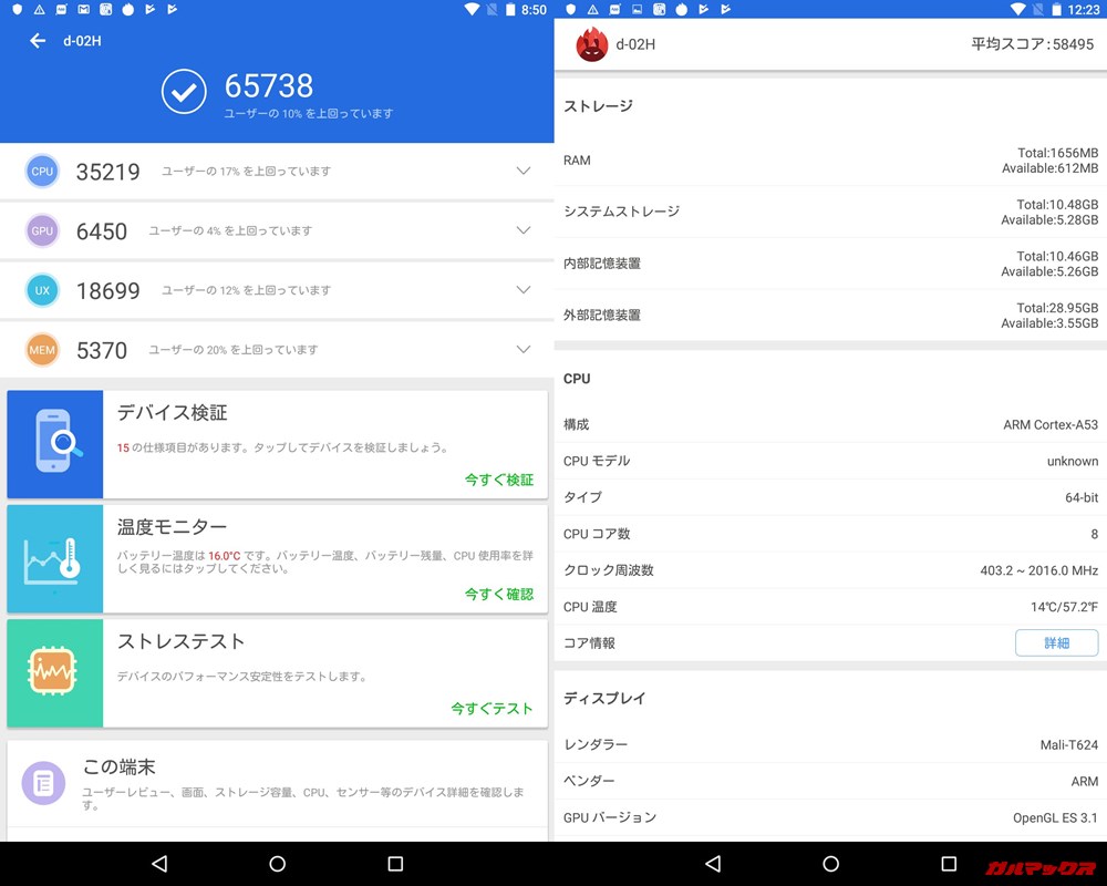 Huawei dtab compact/メモリ2GB（Android 5.1.1）実機AnTuTuベンチマークスコアは総合が65738点、3D性能が6450点。