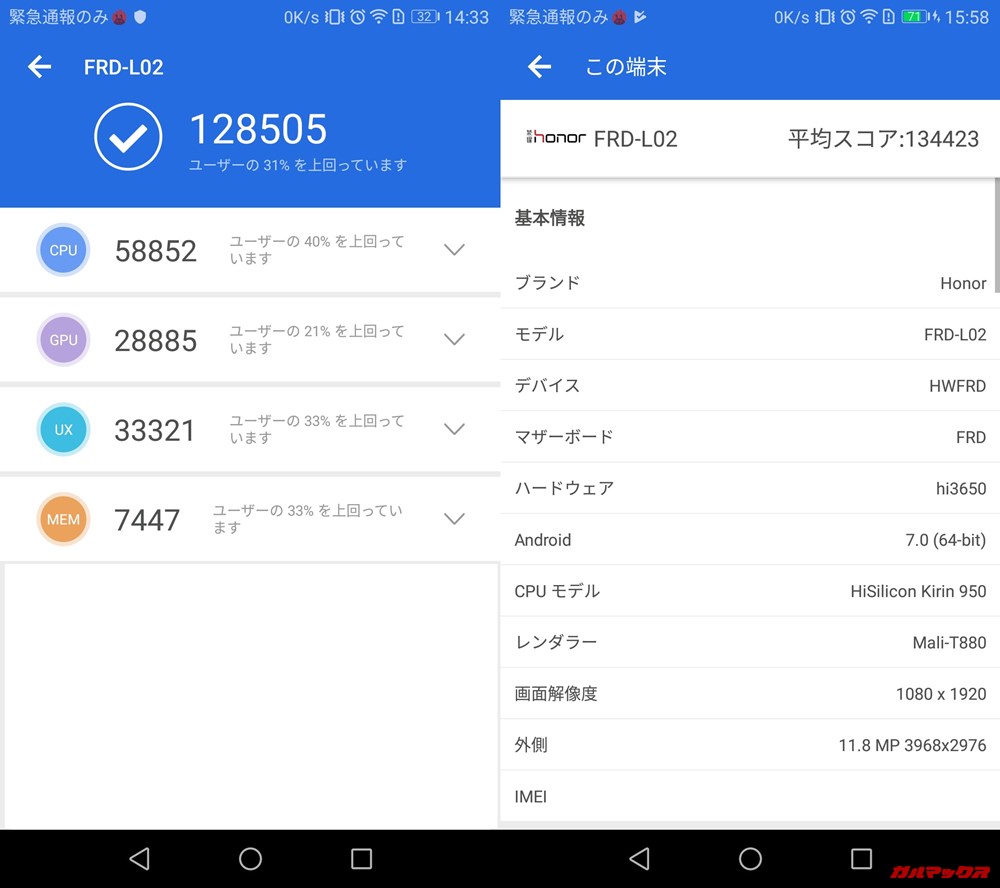 Huawei honor 8（Android 7）実機AnTuTuベンチマークスコアは総合が128505点、3D性能が28885点。