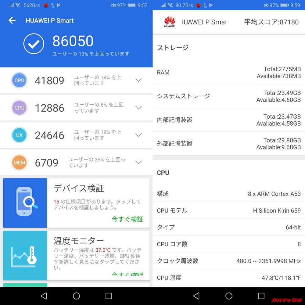 HUAWEI nova lite 2(Android 9)実機AnTuTuベンチマークスコアは総合が86050点、3D性能が12886点。