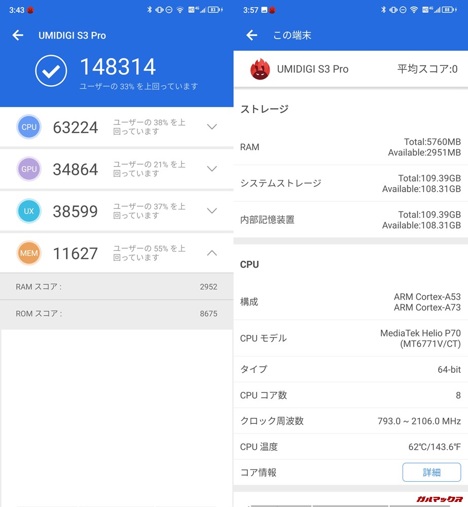 UMIDIGI S3 Pro（Android 9.0）実機AnTuTuベンチマークスコアは総合が148314点、3D性能が34864点。