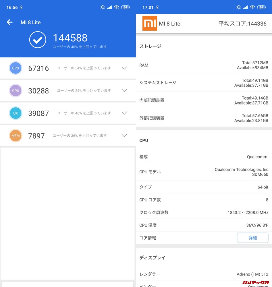 Xiaomi mi 8 Lite(Android 8.1)実機AnTuTuベンチマークスコアは総合が144588点、3D性能が30288点。