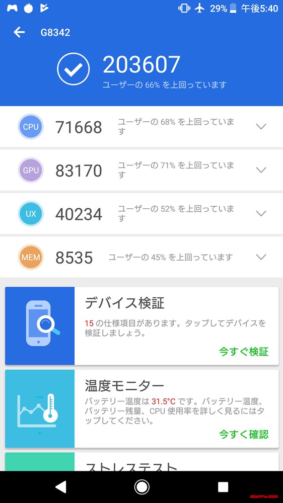Xperia XZ1（Android 8.0）実機AnTuTuベンチマークスコアは総合が203607点、3D性能が83170点。