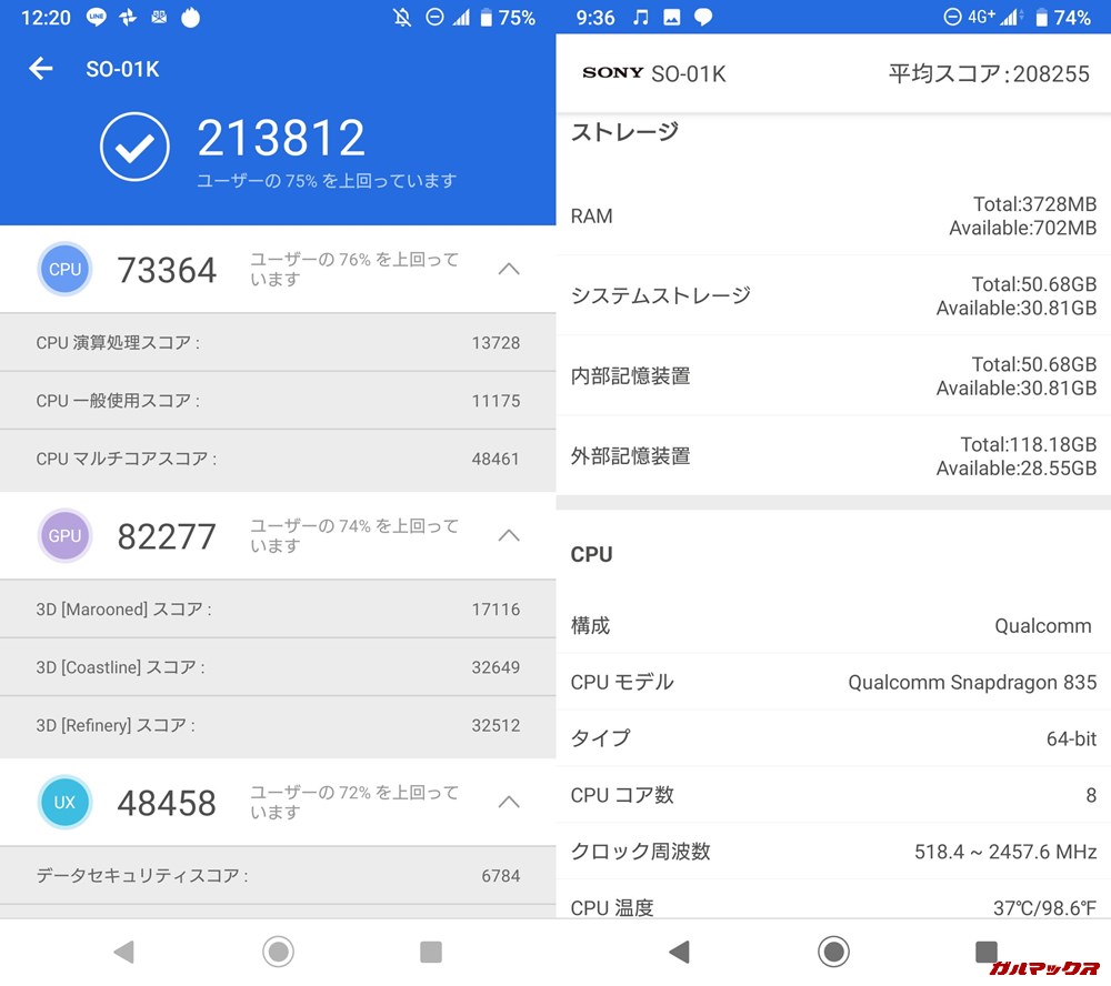 Xperia XZ1（Android 9）実機AnTuTuベンチマークスコアは総合が213812点、3D性能が82277点。