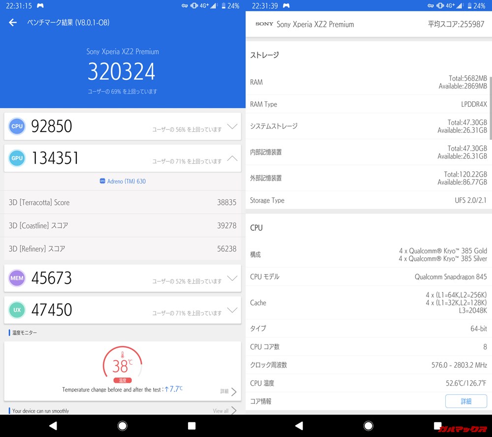 Xperia XZ2 Premium（Android 9）実機AnTuTuベンチマークスコアは総合が320324点、3D性能が134351点。