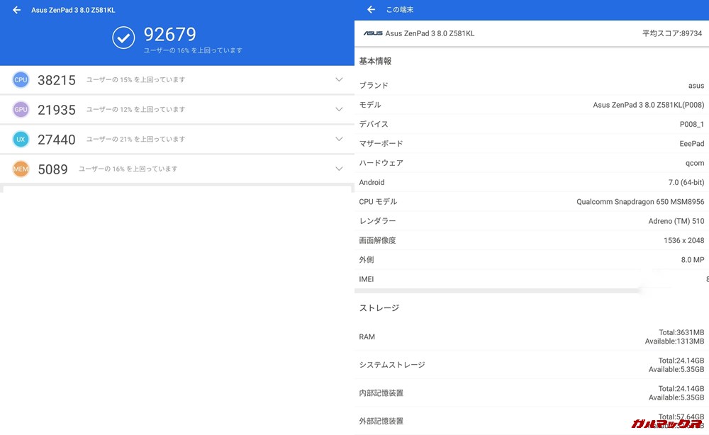 Zenpad3（Android 7）実機AnTuTuベンチマークスコアは総合が92679点、3D性能が21935点。