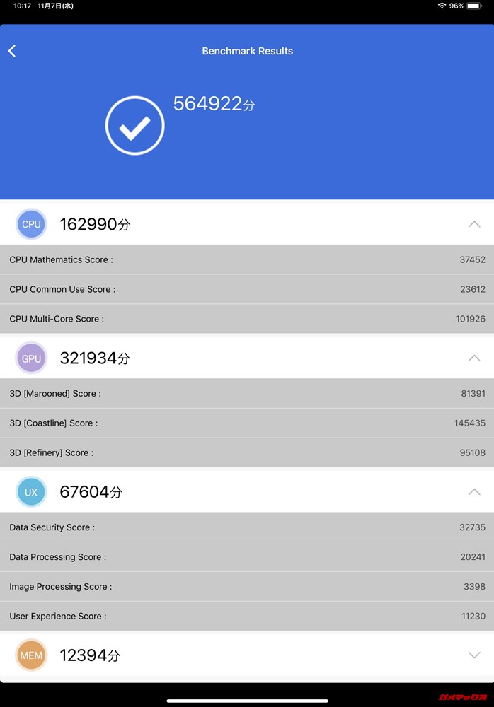 iPad Pro 11(iOS12.1)実機AnTuTuベンチマークスコアは総合が564922点、3D性能が321934点。