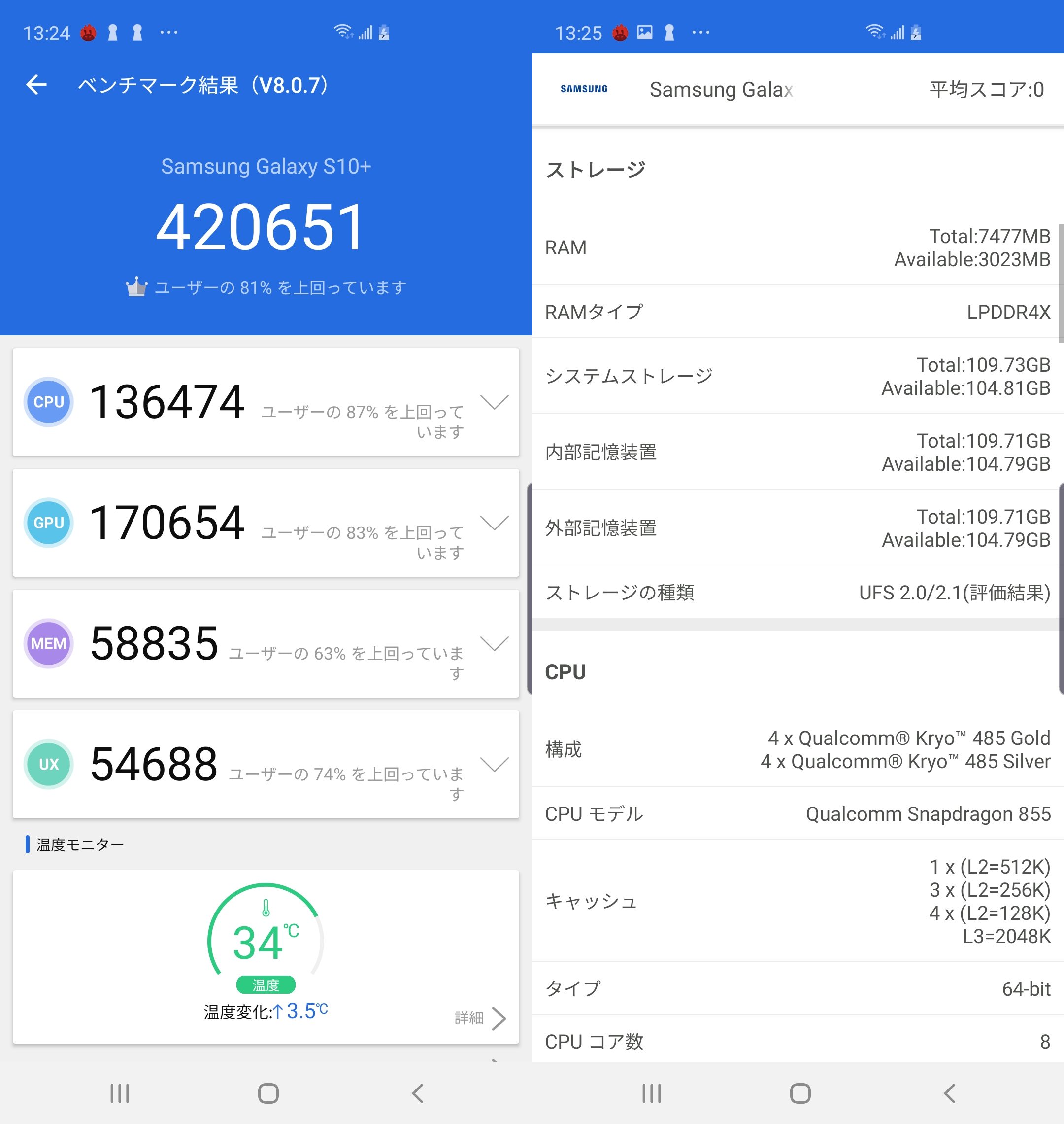 Galaxy S10+（Android 9）実機AnTuTuベンチマークスコアは総合が420651点、3D性能が170654点。