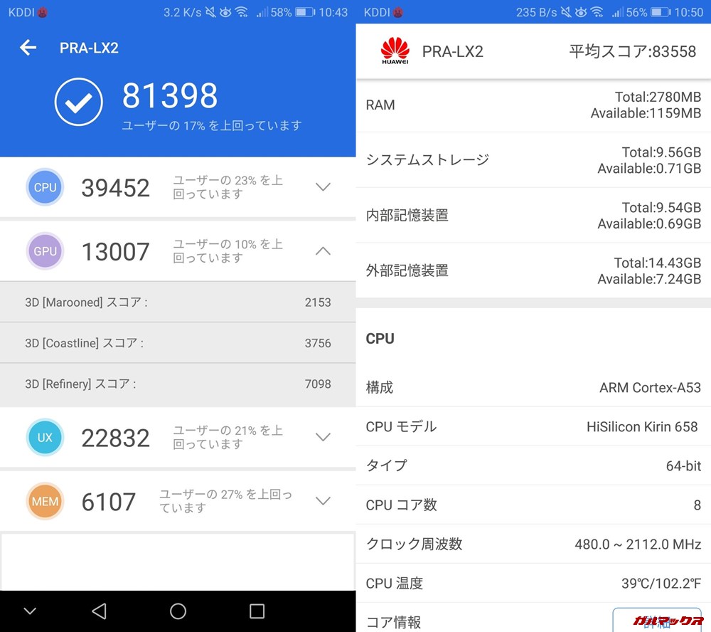 HUAWEI nova lite/メモリ3GB（Android 8）実機AnTuTuベンチマークスコアは総合が81398点、3D性能が13007点。