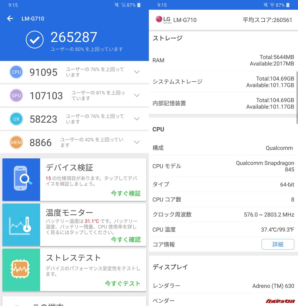 LG G7+ ThinQ/メモリ6GB（Android 8）実機AnTuTuベンチマークスコアは総合が265287点、3D性能が107103点。