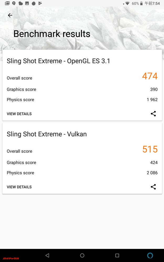 3DMarkスコアはOpenGL ES 3.1が474点、Vulkanが515点