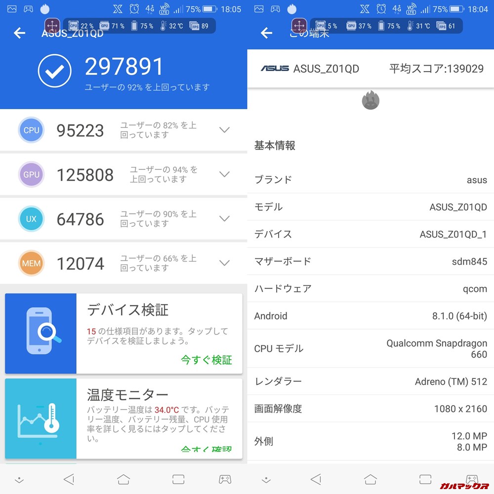 ROGphone/メモリ8GB(Android 8.0.1)実機AnTuTuベンチマークスコアは総合が297891点、3D性能が125808点。