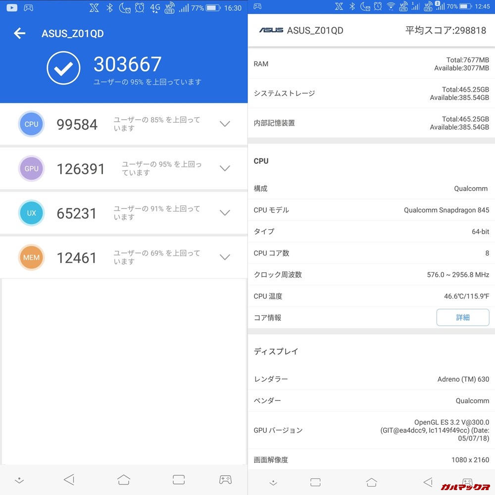 ROGphone/メモリ8GB(Android 8.1)実機AnTuTuベンチマークスコアは総合が303667点、3D性能が126391点。
