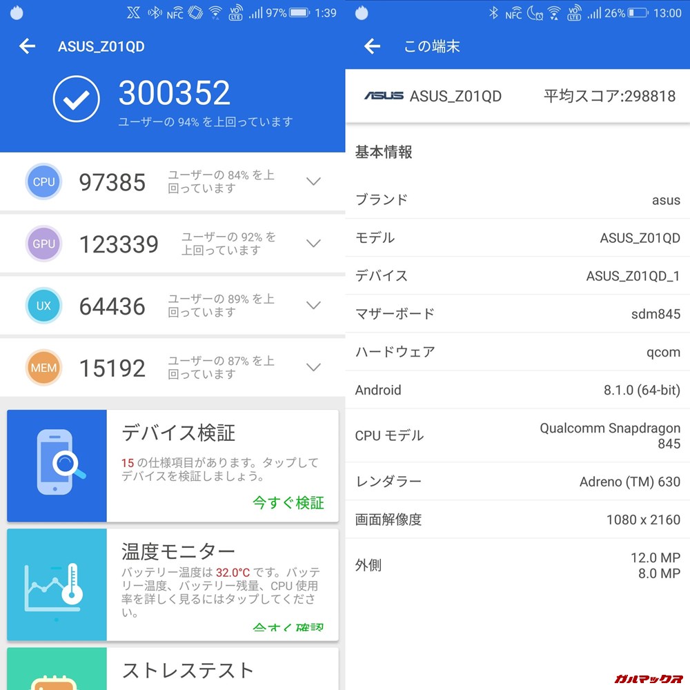 ROGphone/メモリ8GB(Android 8.1)実機AnTuTuベンチマークスコアは総合が300352点、3D性能が123339点。