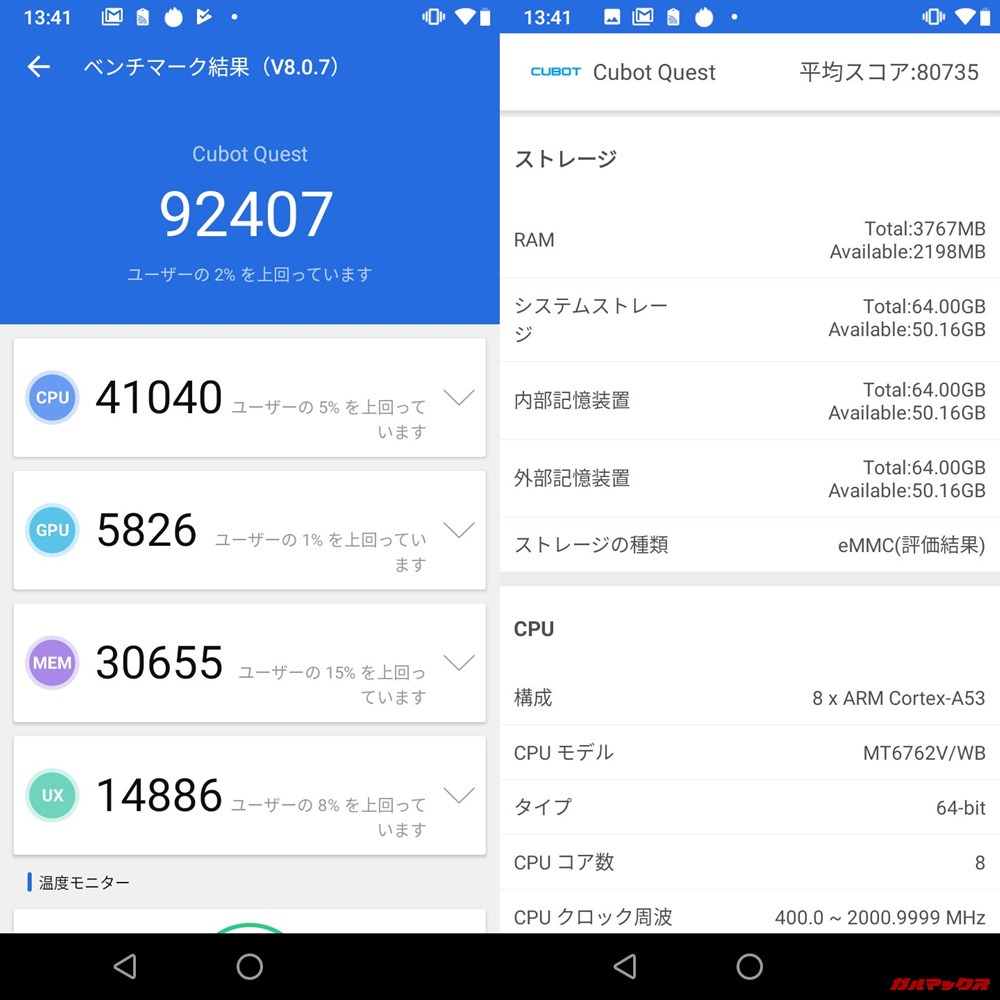 QUBOT QUEST（Android 9）実機AnTuTuベンチマークスコアは総合が92407点、3D性能が5826点。