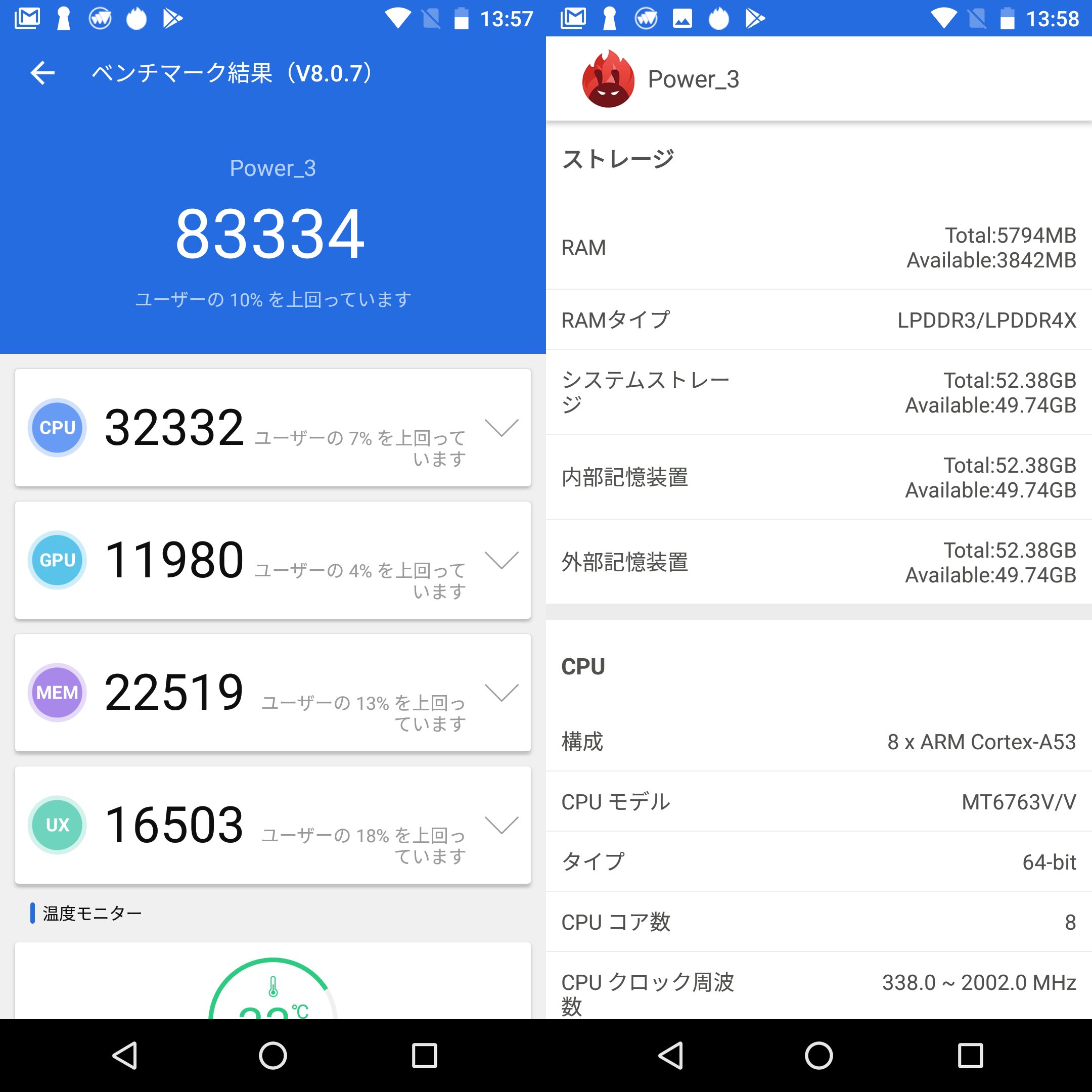 uleFone power 3（Android 7）実機AnTuTuベンチマークスコアは総合が83334点、3D性能が11980点。