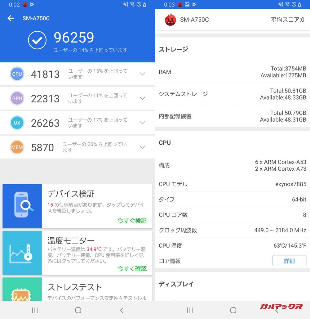 Galaxy A7（Android 9）実機AnTuTuベンチマークスコアは総合が96259点、3D性能が22313点。