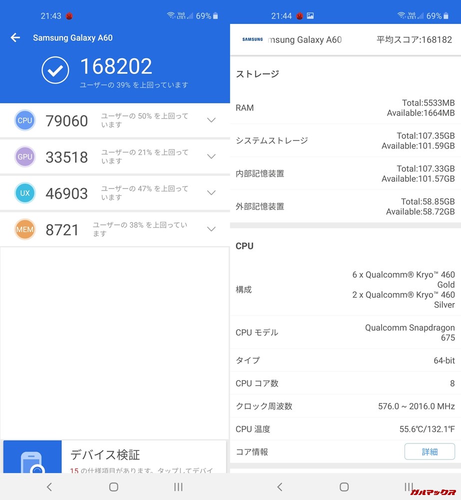 Galaxy A60(Android 9)実機AnTuTuベンチマークスコアは総合が168202点、3D性能が33518点。