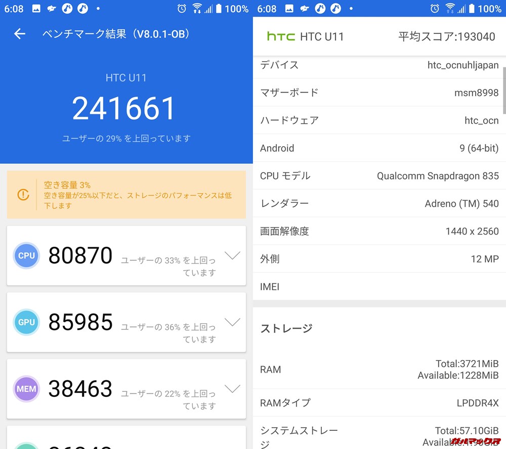 HTC U 11（Android 9）実機AnTuTuベンチマークスコアは総合が241661点、3D性能が85985点。