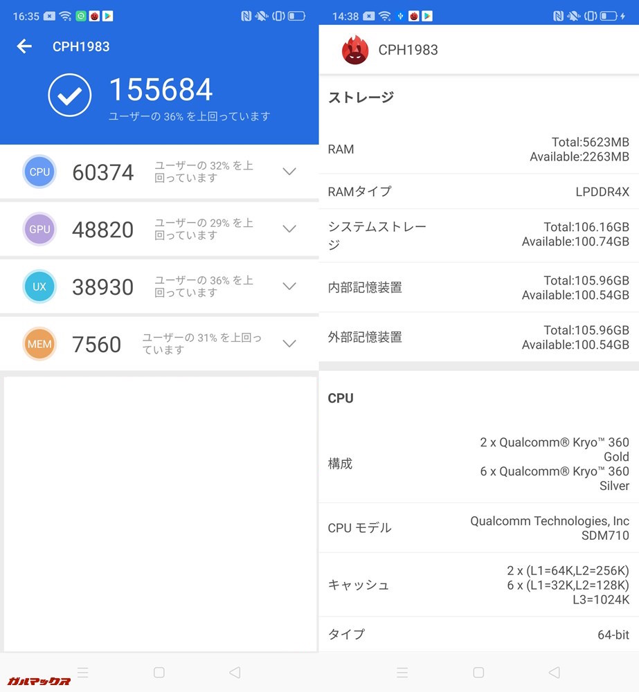 OPPO Reno A(Android 9)実機AnTuTuベンチマーク(Ver7)スコアは総合が155684点、3D性能が48820点。