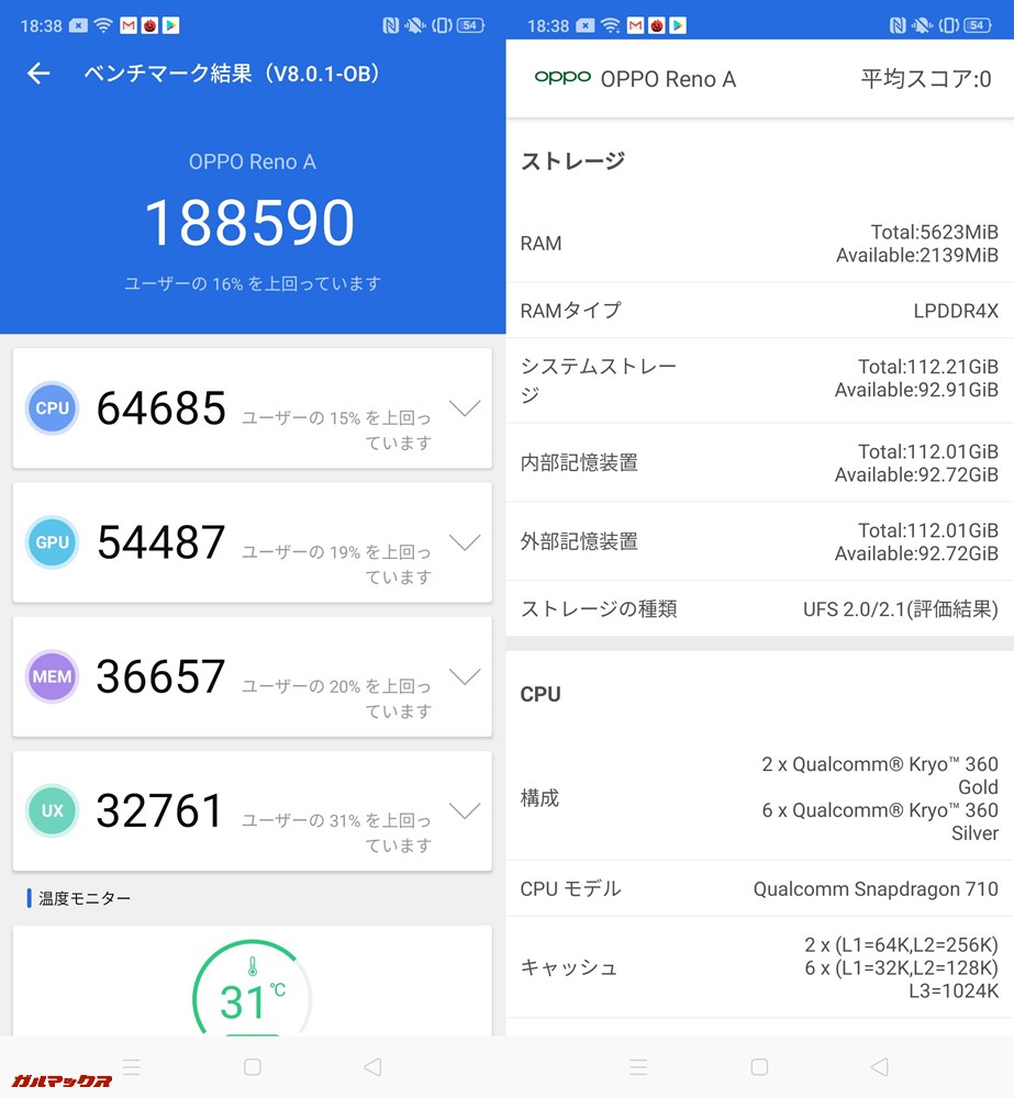 OPPO Reno A(Android 9)実機AnTuTuベンチマークスコアは総合が188590点、3D性能が54487点。