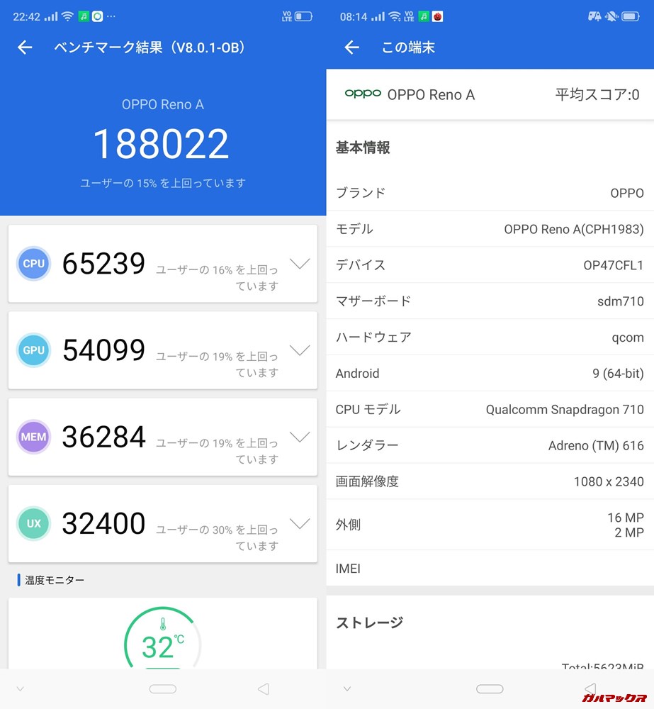 OPPO reno A(Android 9)実機AnTuTuベンチマークスコアは総合が188022点、3D性能が54099点。