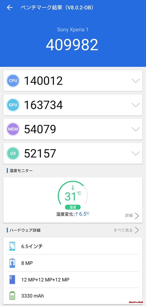 Xperia 1（Android 9）実機AnTuTuベンチマークスコアは総合が409982点、3D性能が163734点。