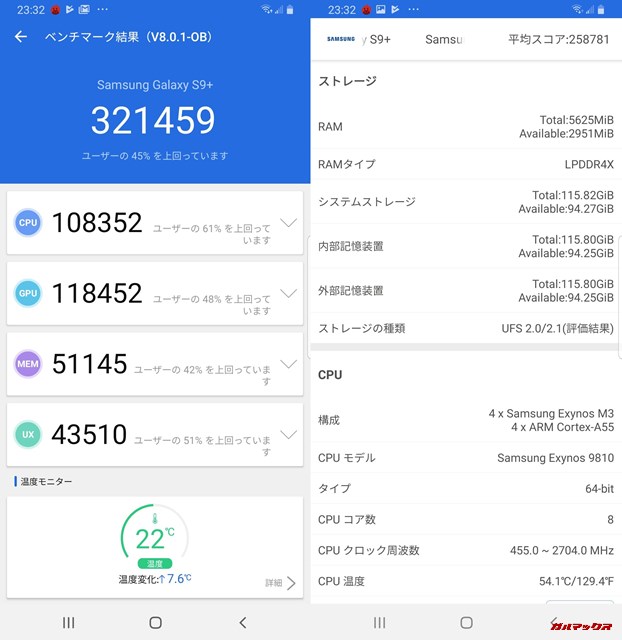 Galaxy S9+（Android 9）実機AnTuTuベンチマークスコアは総合が321459点、3D性能が51145点。