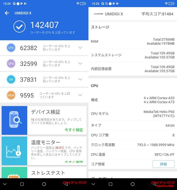 UMIDIGI X(Android 9)実機AnTuTuベンチマークスコアは総合が142407点、3D性能が32599点。