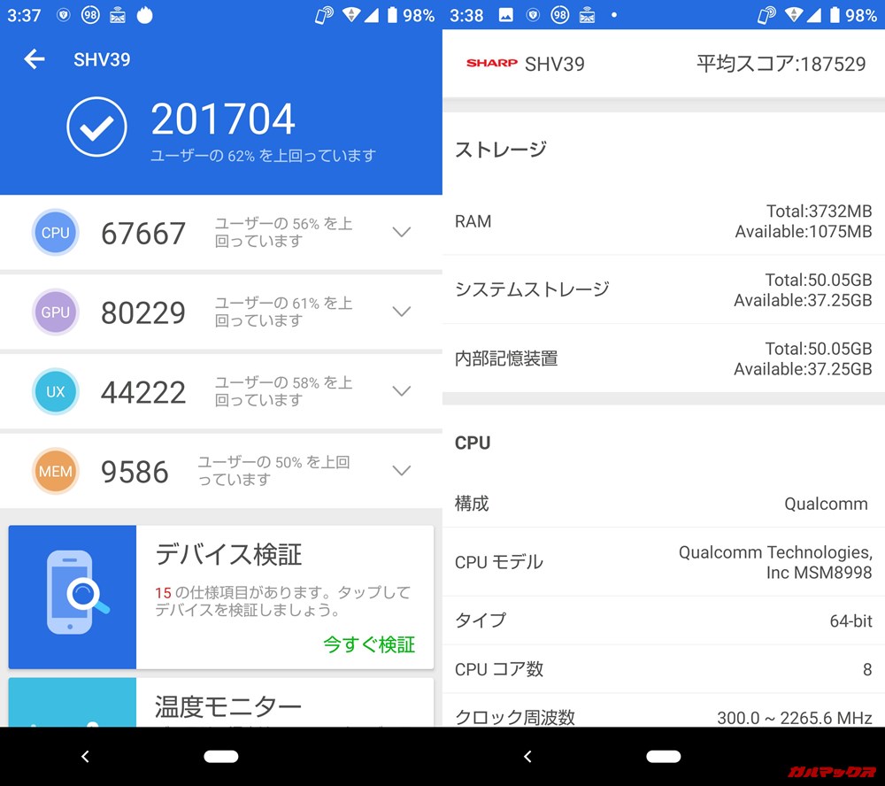 AQUOS R SHV39/auモデル（Android 9）実機AnTuTuベンチマークスコアは総合が201704点、3D性能が80229点。