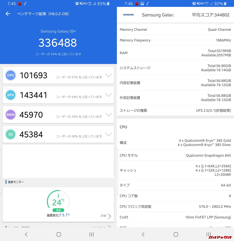 Galaxy S9+/SD845（Android 9）実機AnTuTuベンチマークスコアは総合が336488点、3D性能が143441点。