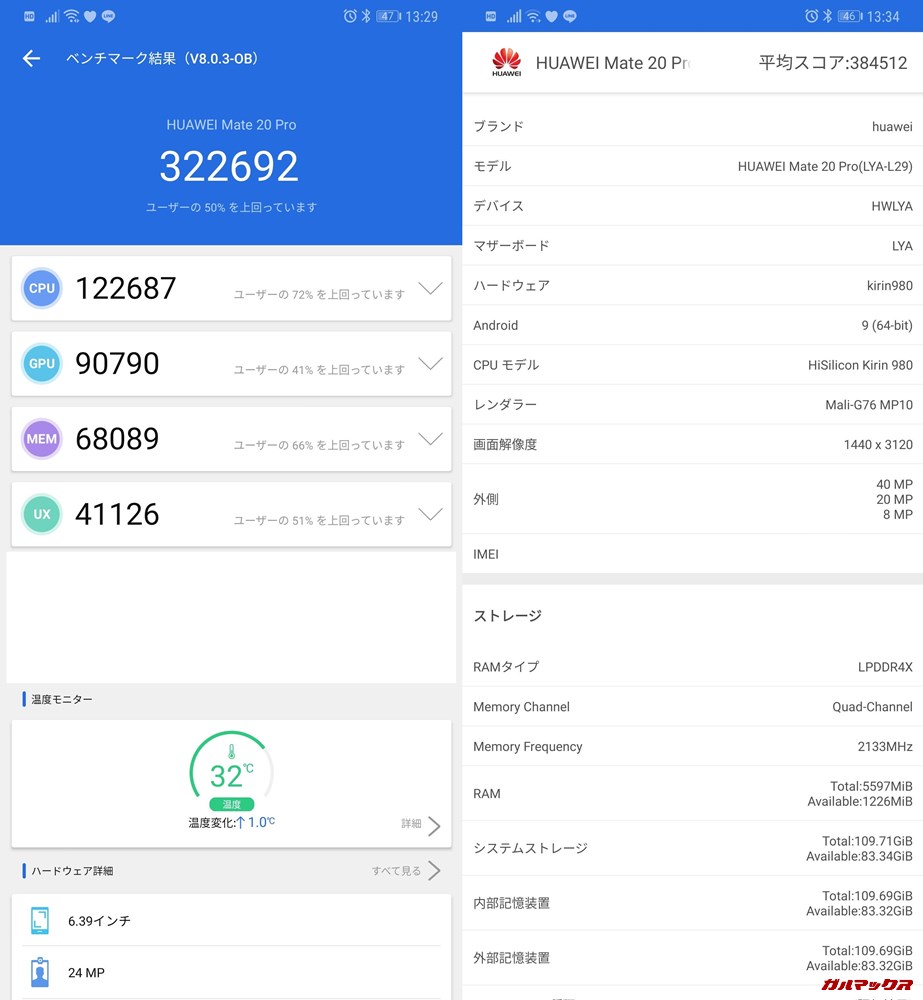 HUAWEI Mate 20 Pro(Android 9)実機AnTuTuベンチマークスコアは総合が322692点、3D性能が90790点。