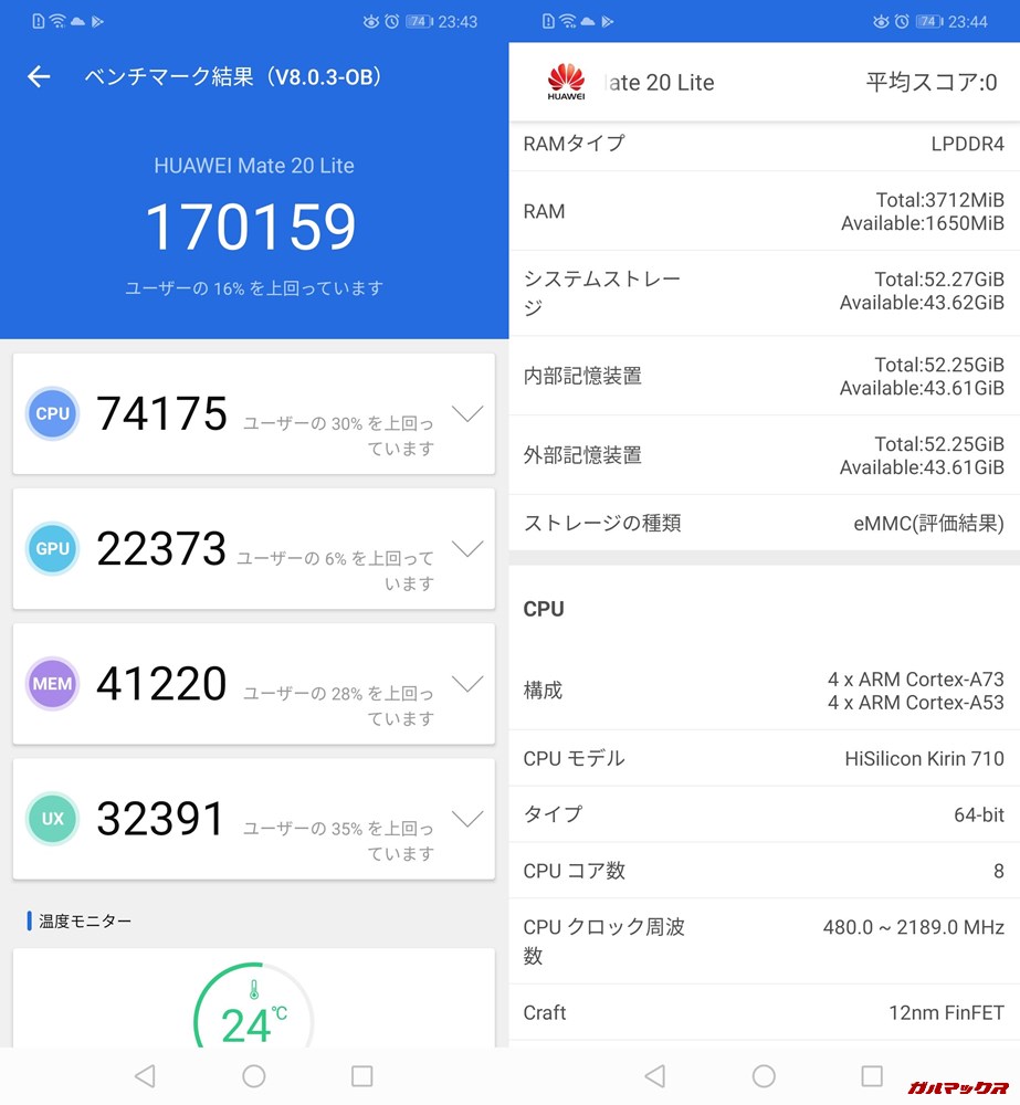 Huawei Mate20 lite(Android 9)実機AnTuTuベンチマークスコアは総合が136562点、3D性能が28075点。