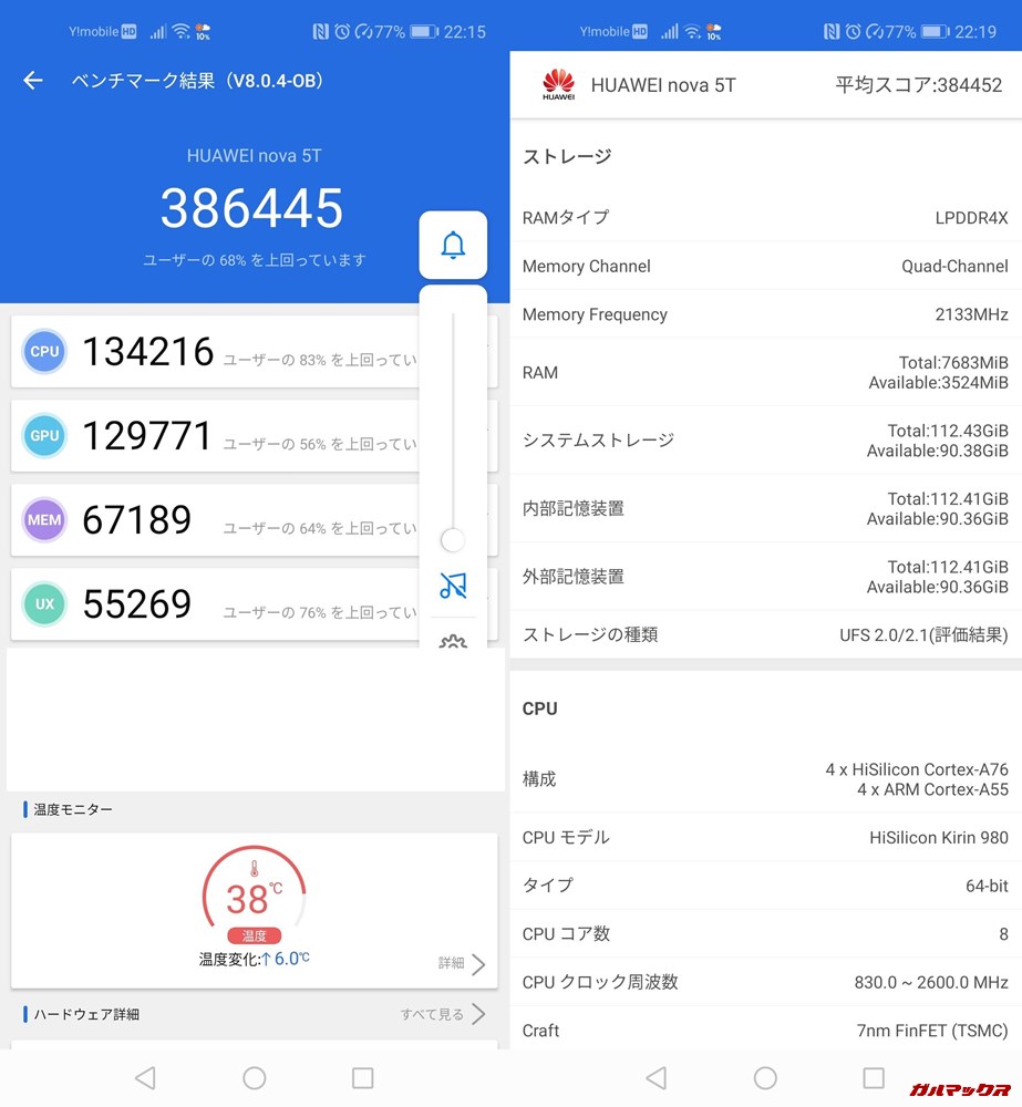 Huawei nova 5t(Android 9)実機AnTuTuベンチマークスコアは総合が386445点、3D性能が129771点。