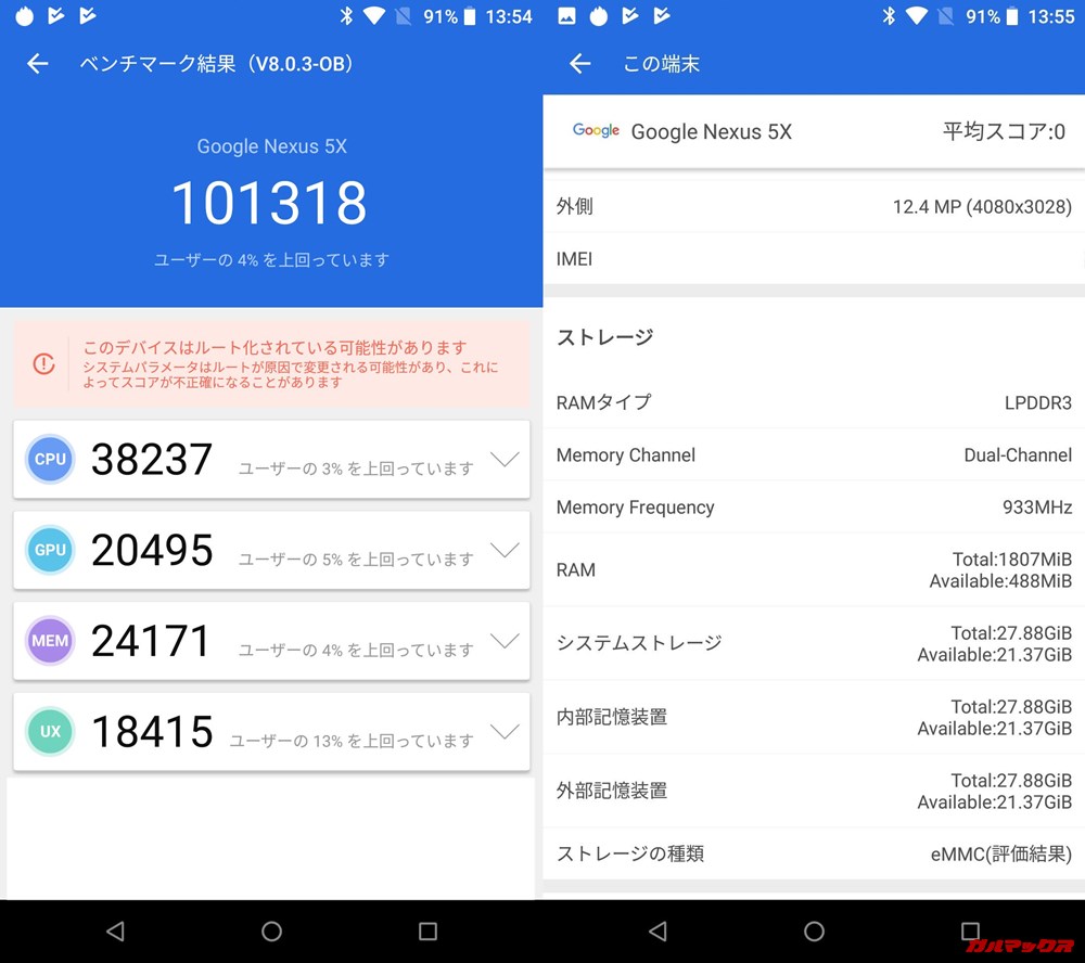 Nexus 5x（Android 8.1）実機AnTuTuベンチマークスコアは総合が101318点、3D性能が20495点。