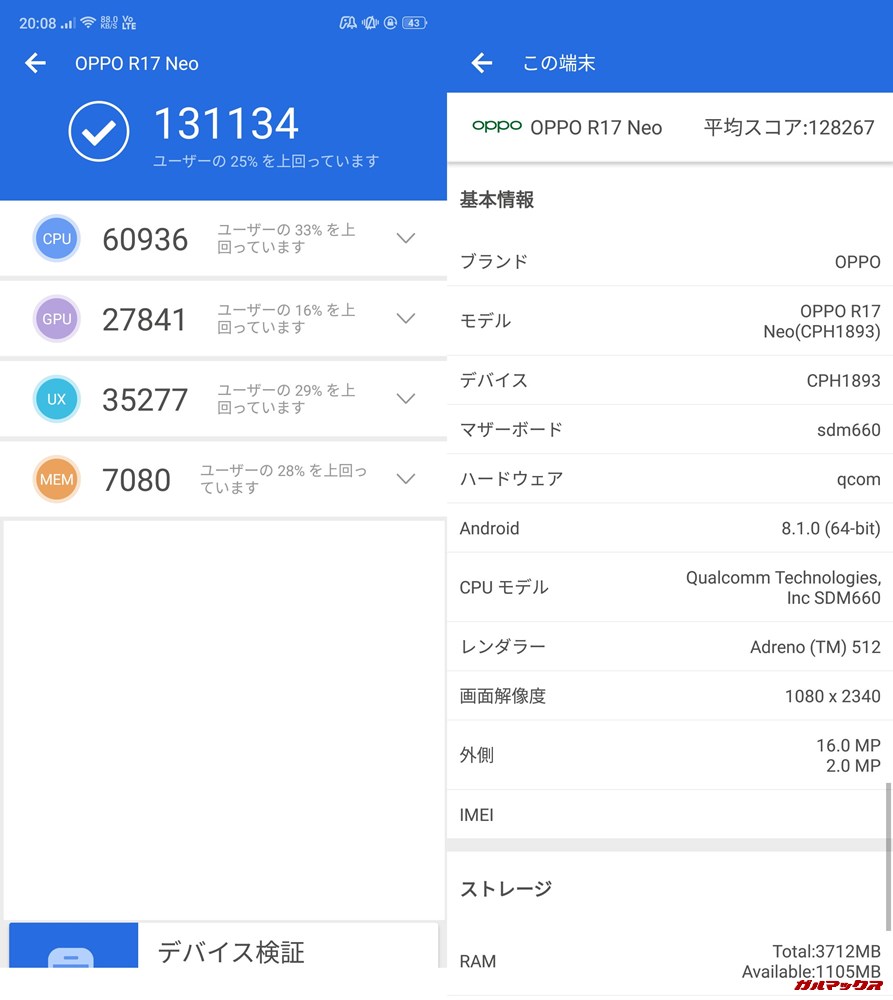 OPPO R17 Neo(Android 9)実機AnTuTuベンチマークスコアは総合が131134点、3D性能が27841点。