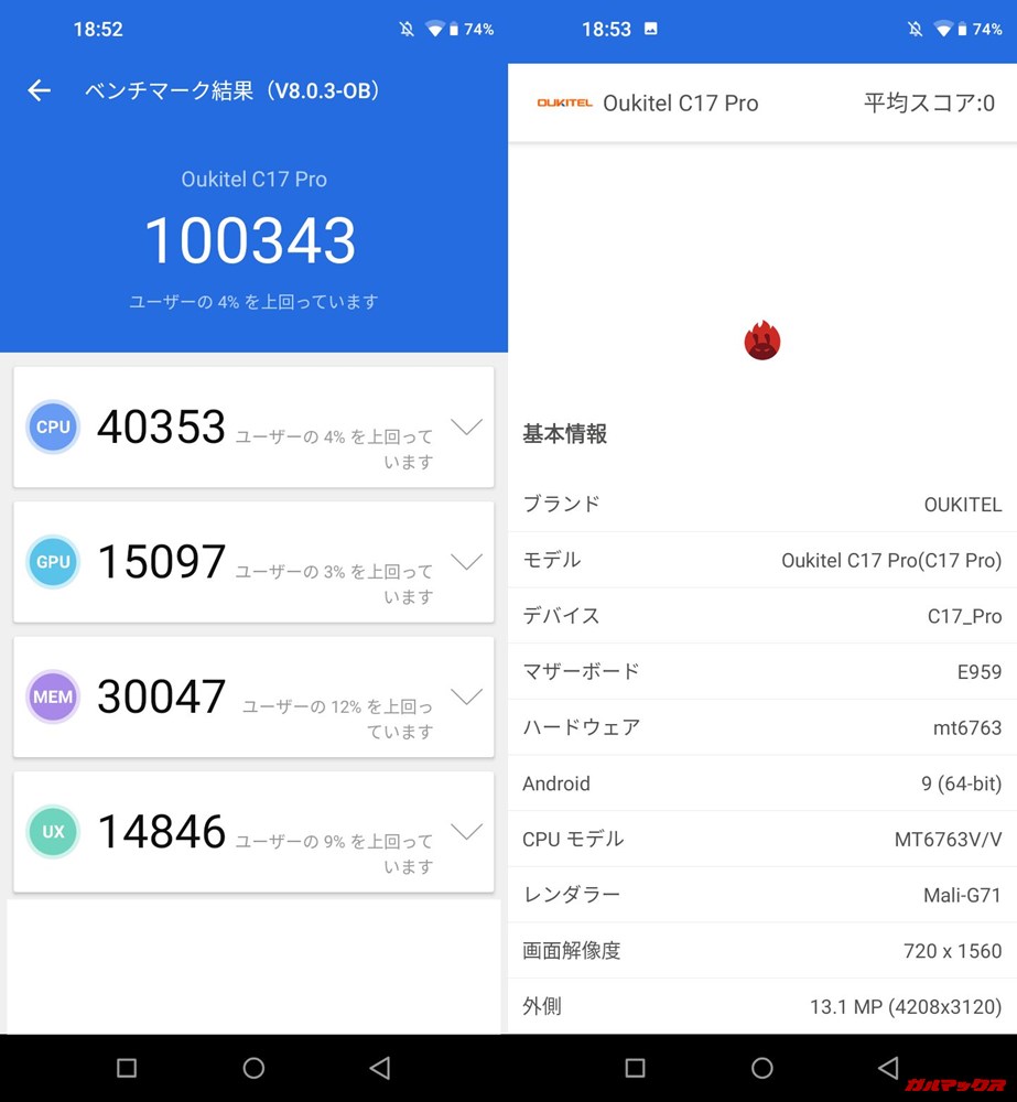 Oukitel C17 Pro/メモリ4GB（Android 9）実機AnTuTuベンチマークスコアは総合が100343点、3D性能が15097点。