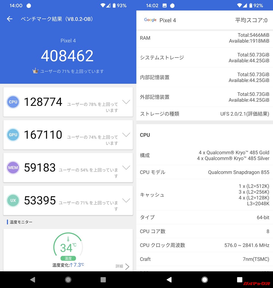 Pixel 4（Android 10）実機AnTuTuベンチマークスコアは総合が408462点、3D性能が167110点。