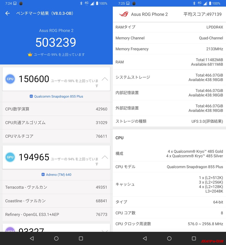ROG Phone 2/メモリ12GB（Android 9）実機AnTuTuベンチマークスコアは総合が503239点、3D性能が194965点。