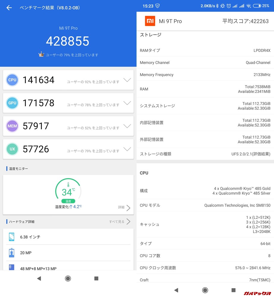 Xiaomi Mi9T Pro(Android 9)実機AnTuTuベンチマークスコアは総合が428855点、3D性能が171578点。