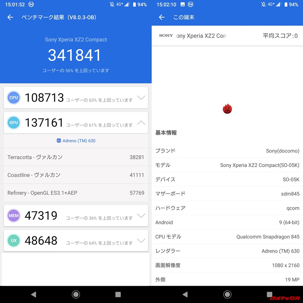 SONY Xperia XZ2 Compact（Android 9）実機AnTuTuベンチマークスコアは総合が341841点、3D性能が137161点。