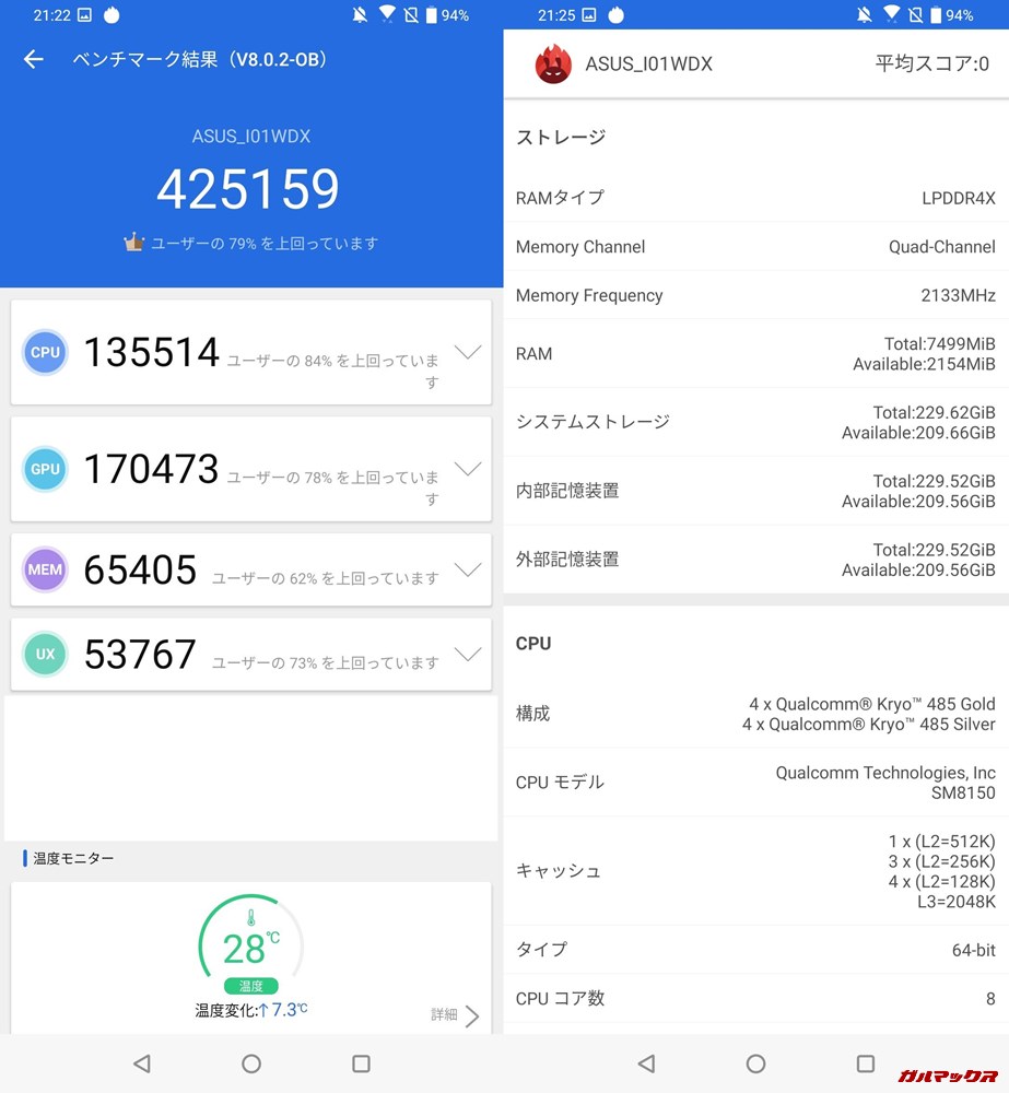 Zenfone6/メモリ8GB版(Android 9)実機AnTuTuベンチマークスコアは総合が425159点、3D性能が170473点。