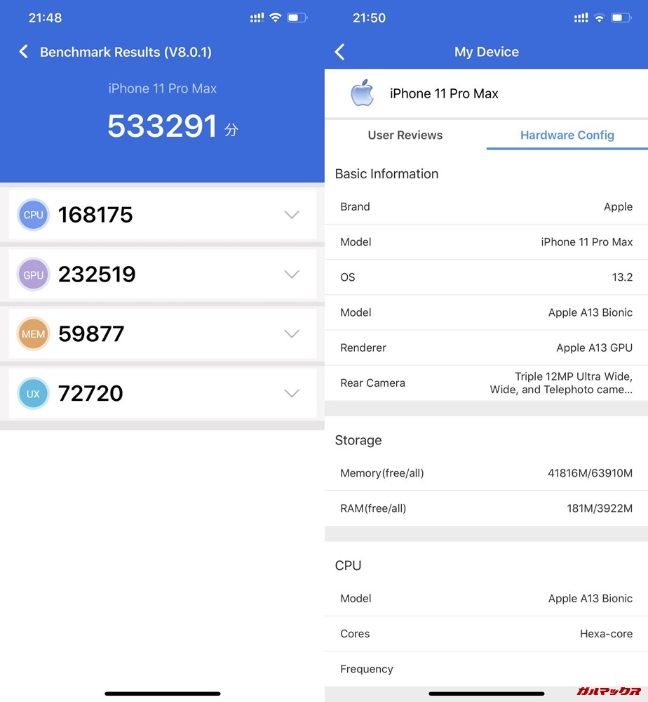 iPhone 11 Pro Max/メモリ4GB（iOS13）実機AnTuTuベンチマークスコアは総合が533291点、3D性能が232519点。