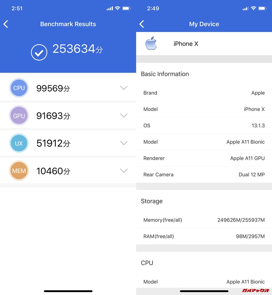 iPhone X（iOS 13.1.3）実機AnTuTuベンチマークスコアは総合が253634点、3D性能が91693点。