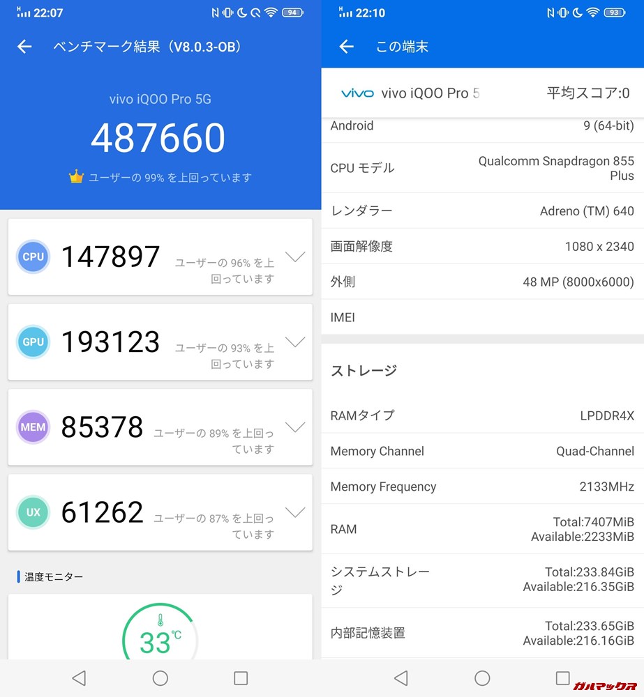 iQOO pro 5G(Android 9)実機AnTuTuベンチマークスコアは総合が487660点、3D性能が193123点。