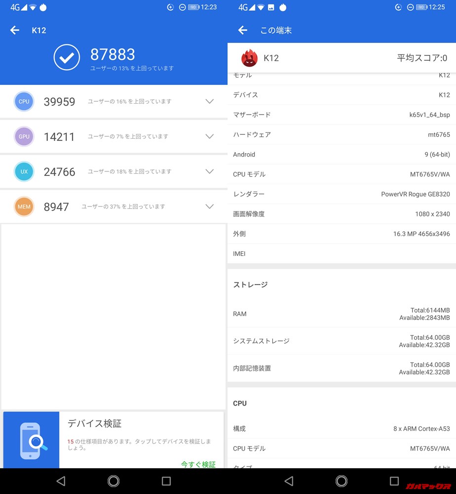 OUKITEL K12（Android 9）実機AnTuTuベンチマークスコアは総合が87883点、3D性能が14211点。