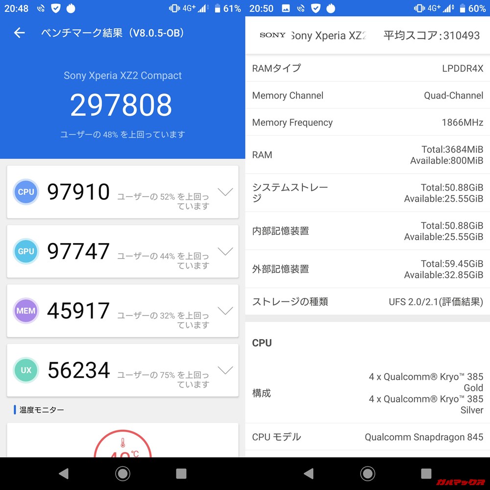 SONY Xperia XZ2 Compact（Android 9）実機AnTuTuベンチマークスコアは総合が297808点、3D性能が97747点。
