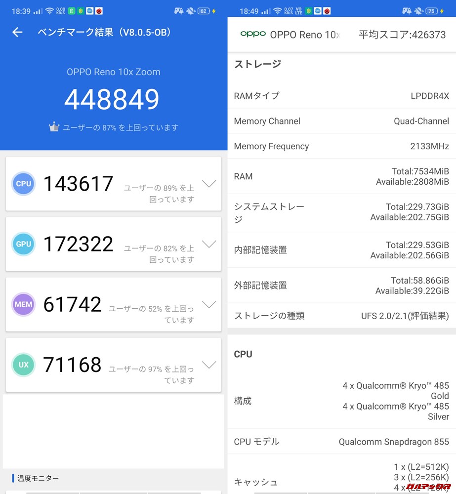 OPPO Reno 10x Zoom/メモリ6GB版（Android 9）実機AnTuTuベンチマークスコアは総合が448849点、3D性能が172322点。